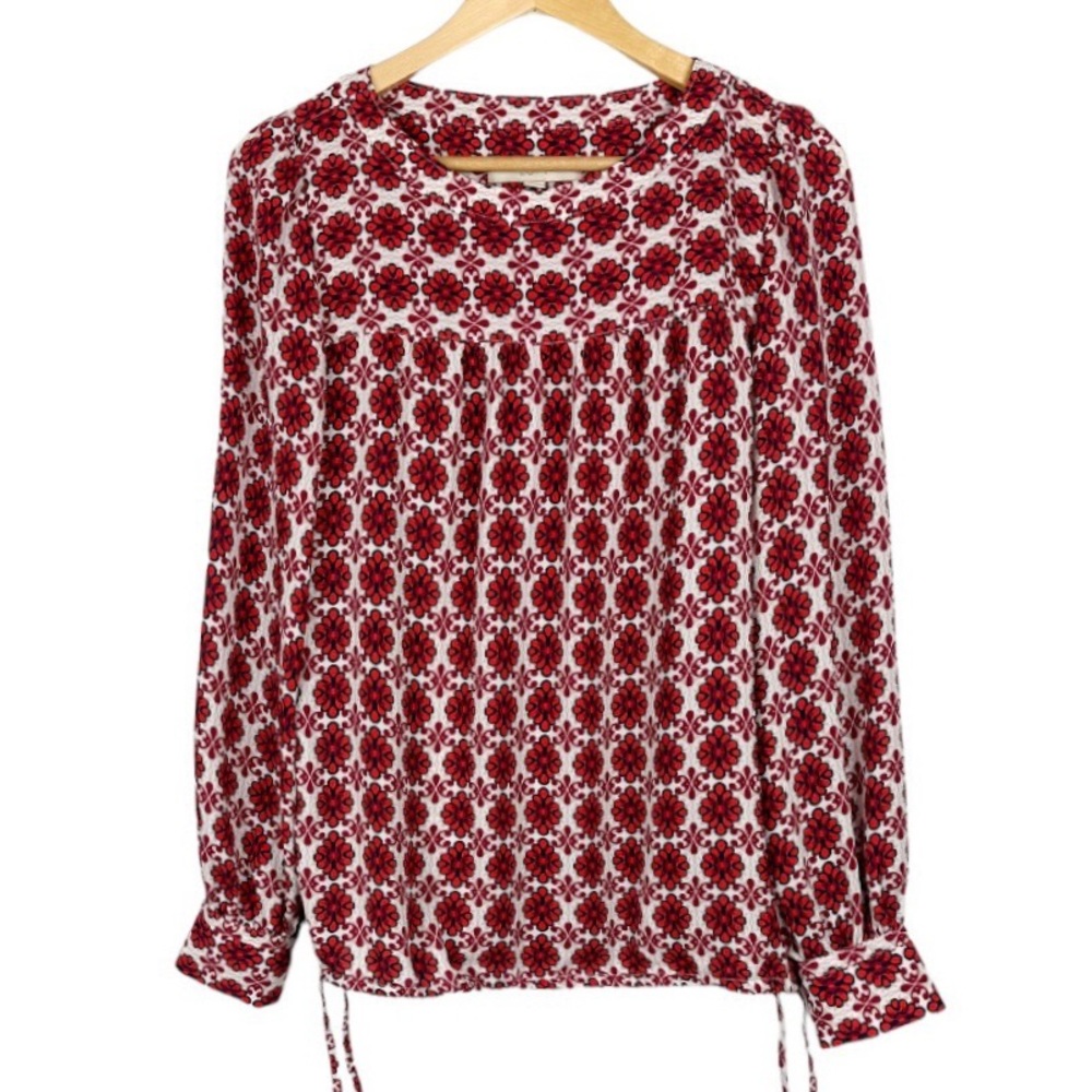 LOFT Epaulet Modern Medallion All-Over Print Cinch Waist Sheer Blouse Size XS